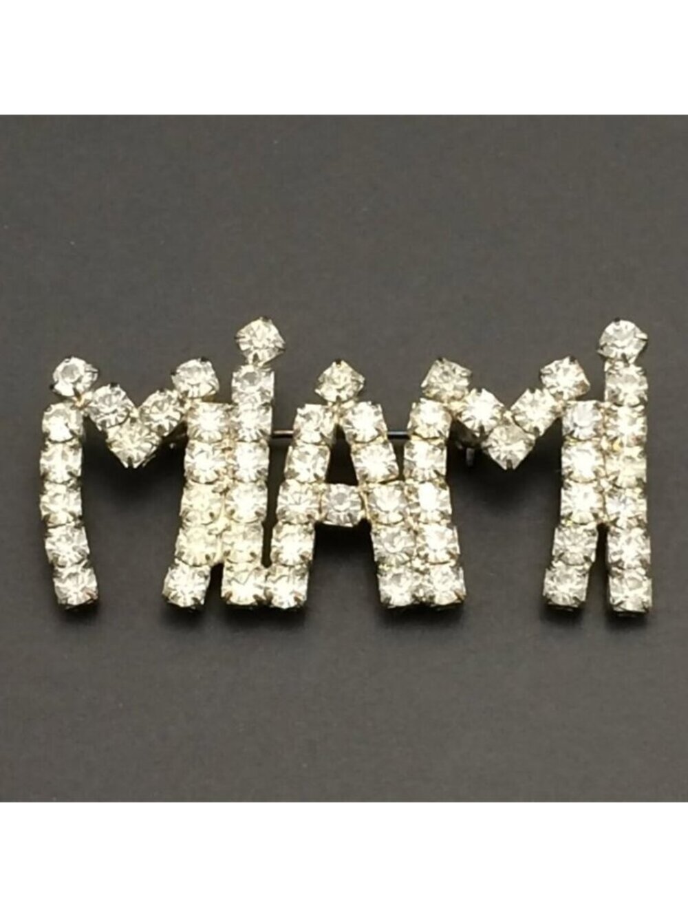 Vintage Miami Sparkly Rhinestone Brooch Pin Kitsch Florida Souvenir